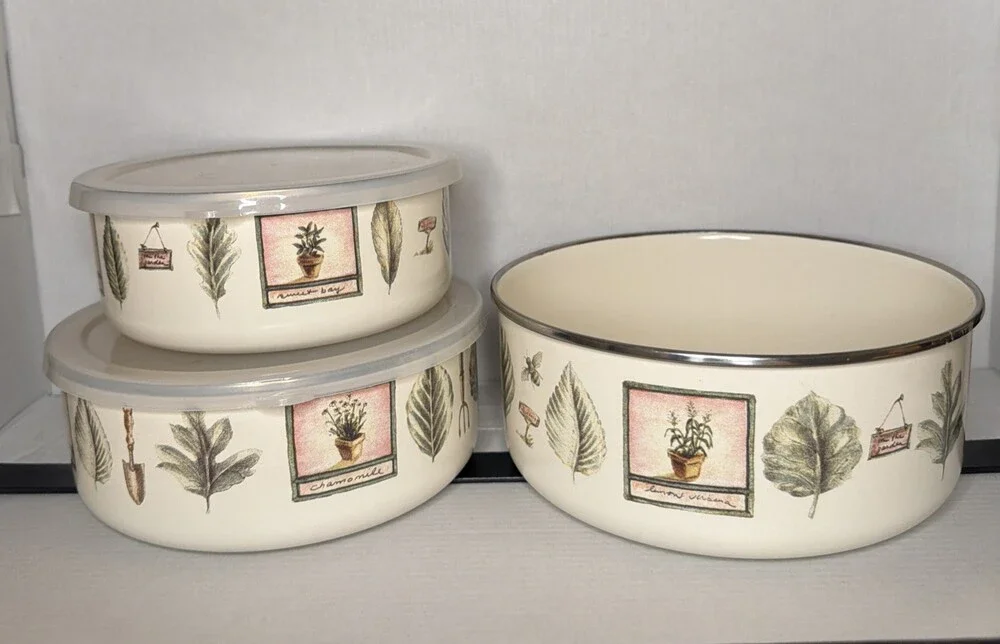 Pfaltzgraff Naturewood Set/3 Enamel Metal Nesting Storage Mixing Bowls 2 w/ Lids